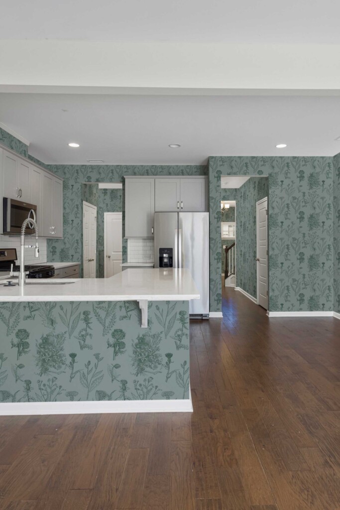Fancy Walls removable wallpaper with gray floral botanical pattern for kitchen walls. Vintage botanicals wallpaper peel and stick or non-pasted