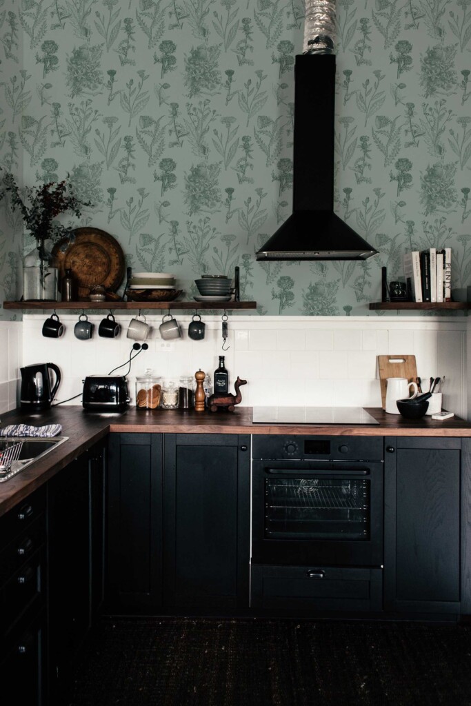 Fancy Walls peel and stick wallpaper in gray floral pattern for kitchen walls