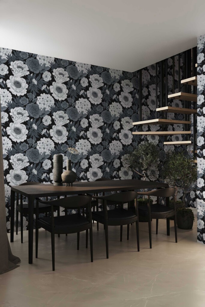 Fancy Walls Gray Floral wallpaper for Dining room walls in Botanical style traditional wallpaper.