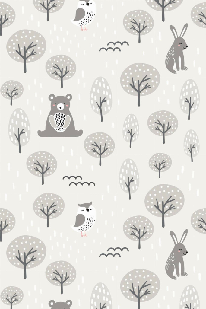 Pattern repeat of Gray forest animal removable wallpaper design