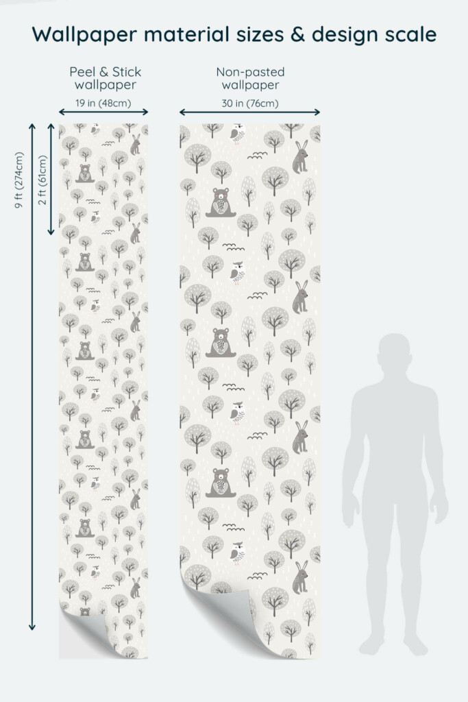 Size comparison of Gray forest animal Peel & Stick and Non-pasted wallpapers with design scale relative to human figure