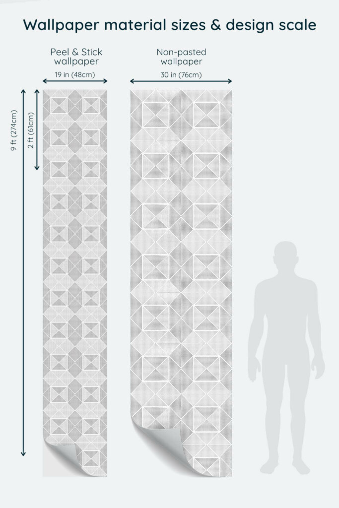 Size comparison of Gray geometric abstract Peel & Stick and Non-pasted wallpapers with design scale relative to human figure