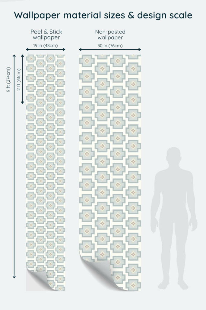 Size comparison of Gray Geometric Aesthetic Peel & Stick and Non-pasted wallpapers with design scale relative to human figure