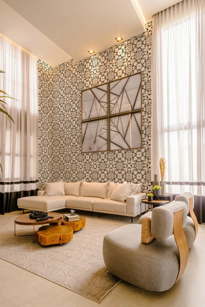 Contemporary style living room decorated with Gray geometric peel and stick wallpaper