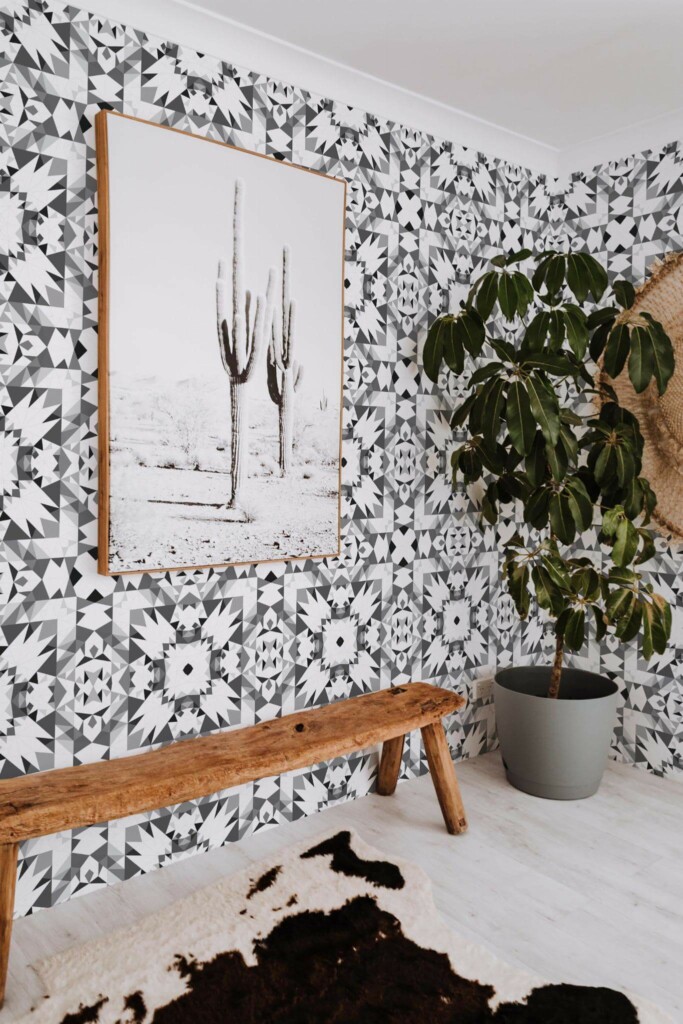 Scandinavian style entryway decorated with Gray geometric peel and stick wallpaper