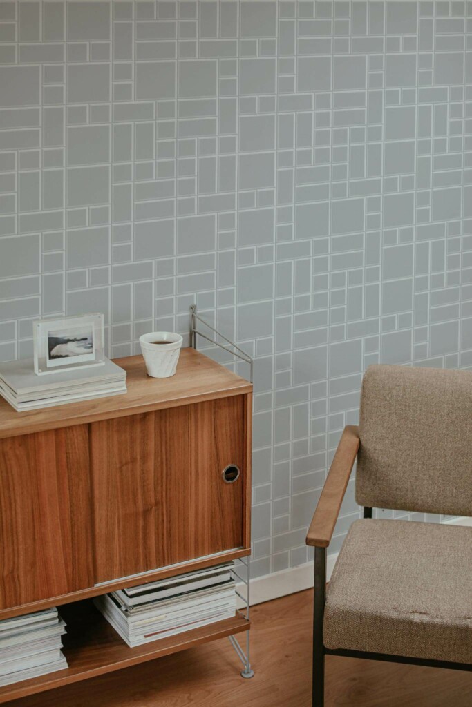 Mid-century style living room decorated with Gray geometric tile peel and stick wallpaper
