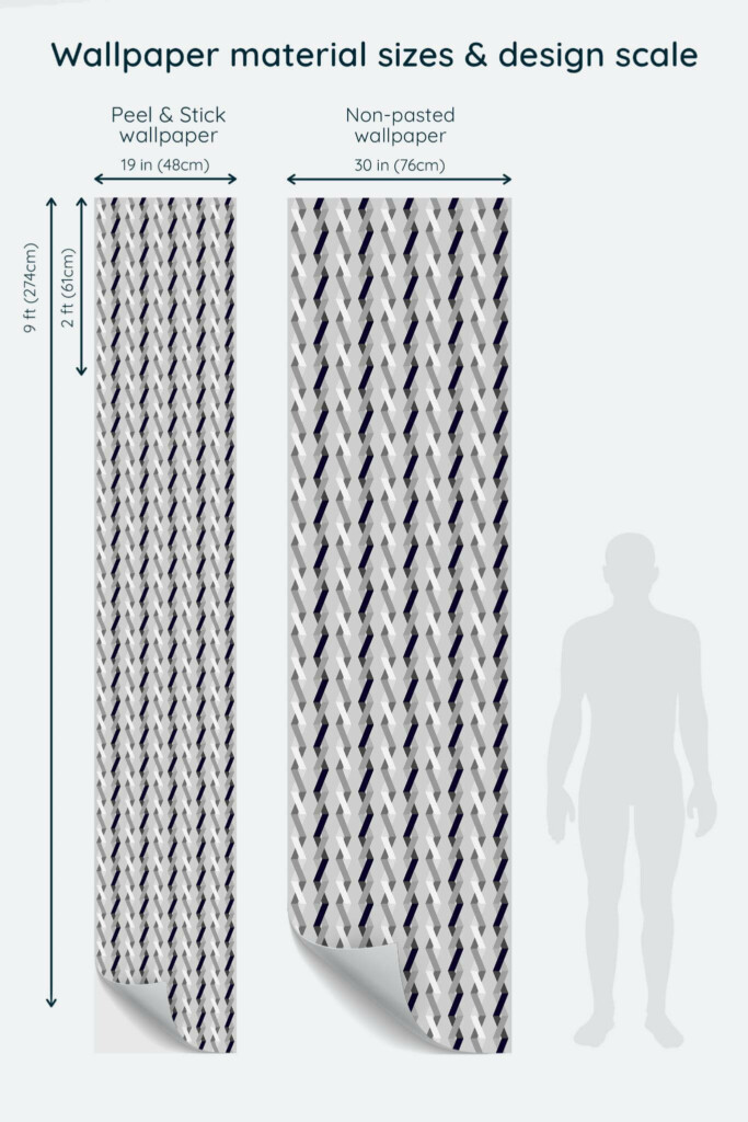 Size comparison of Gray geometric Peel & Stick and Non-pasted wallpapers with design scale relative to human figure