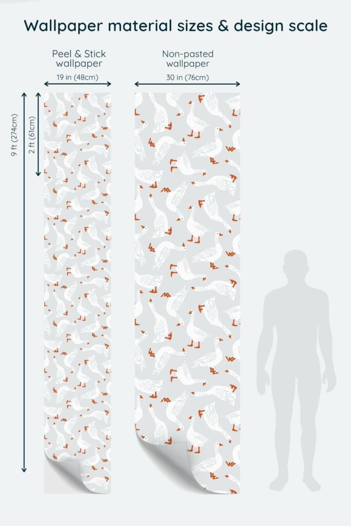 Size comparison of Gray Goose Peel & Stick and Non-pasted wallpapers with design scale relative to human figure