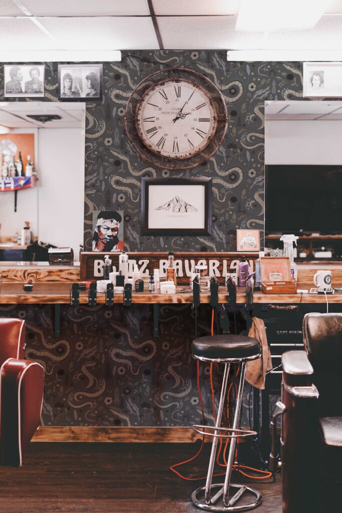Fancy Walls self-adhesive wallpaper featuring gray Halloween design for barber shop walls
