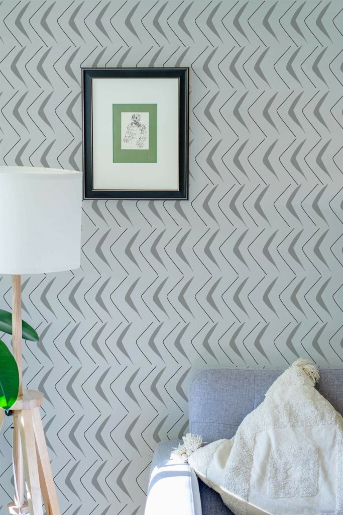 Eastern European style living room decorated with Gray herringbone peel and stick wallpaper
