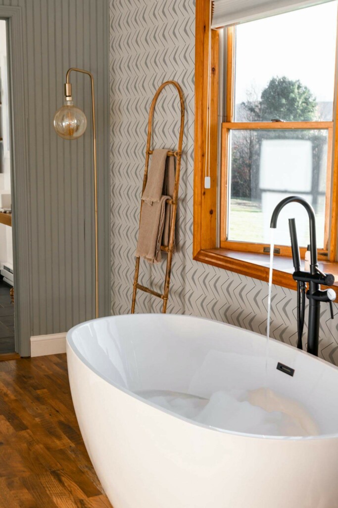 Mid-century modern style bathroom decorated with Gray herringbone peel and stick wallpaper