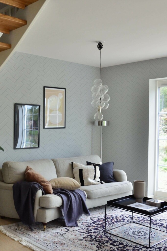 Contemporary style living room and kitchendecorated with Gray herringbone tile peel and stick wallpaper