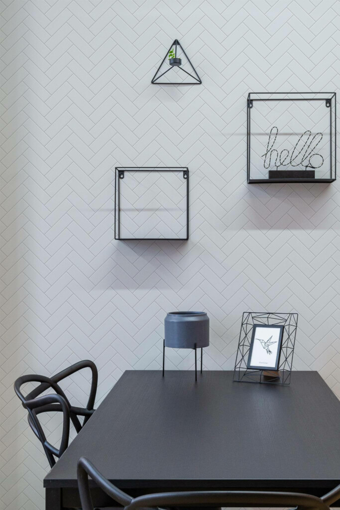 Industrial modern style dining room decorated with Gray herringbone tile peel and stick wallpaper