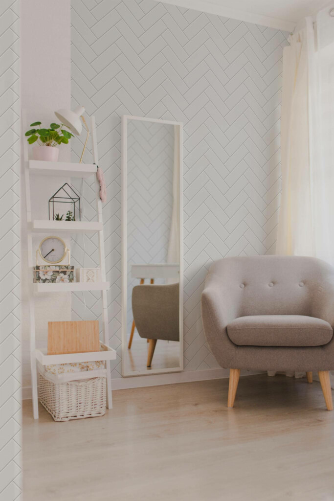 Light boho style living room decorated with Gray herringbone tile peel and stick wallpaper
