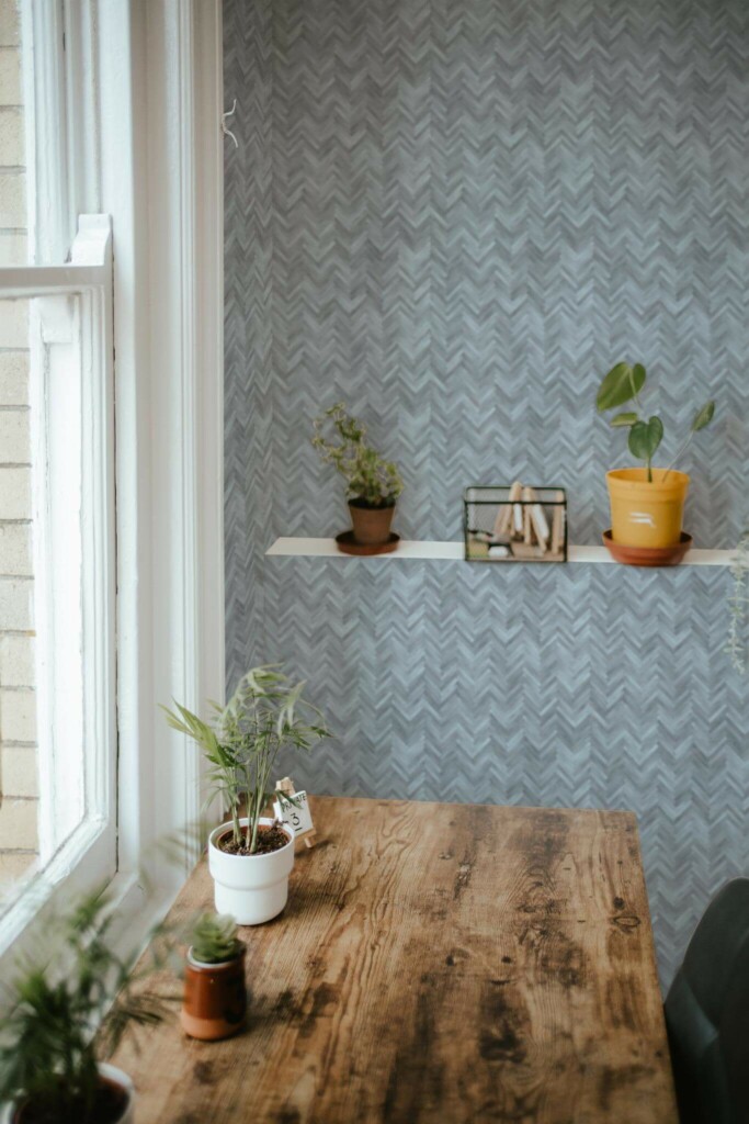 Farmhouse style home office decorated with Gray herringbone wood peel and stick wallpaper
