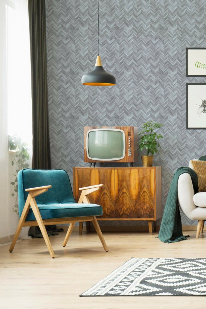 Mid-century modern style living room decorated with Gray herringbone wood peel and stick wallpaper
