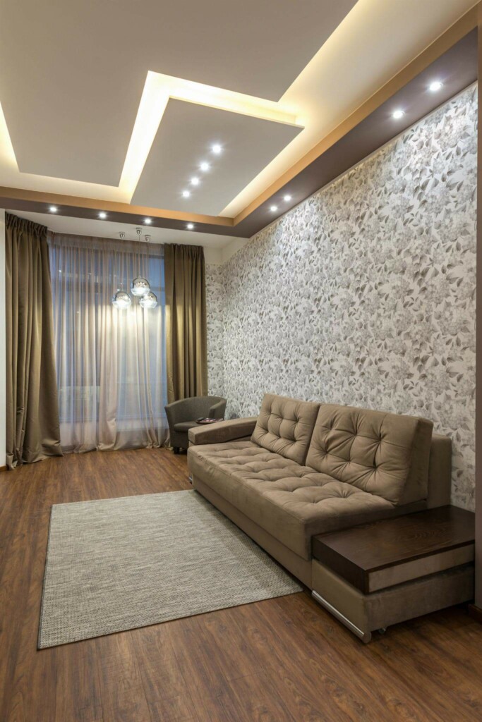 Modern Eastern European style living room decorated with Gray hortensia peel and stick wallpaper