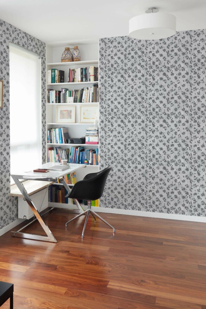 Minimal style home office decorated with Gray leopard pattern peel and stick wallpaper