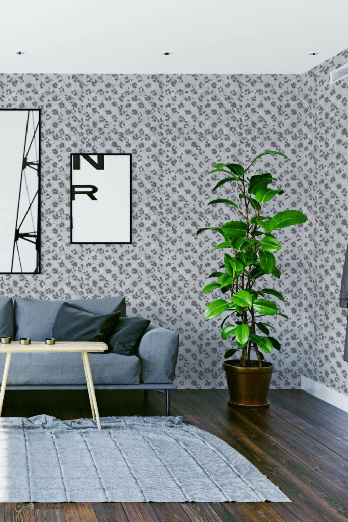 Modern scandinavian style living room decorated with Gray leopard pattern peel and stick wallpaper
