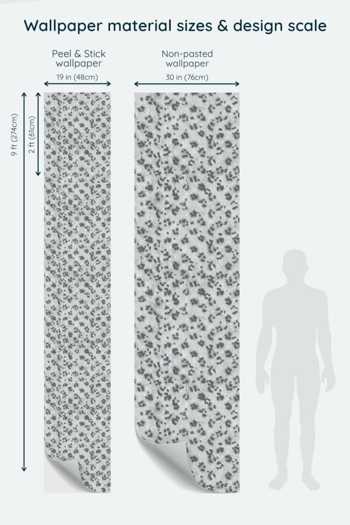 Size comparison of Gray leopard pattern Peel & Stick and Non-pasted wallpapers with design scale relative to human figure