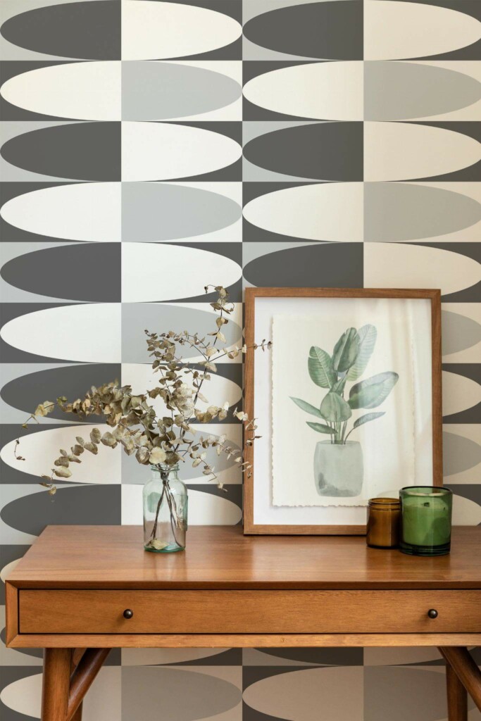 Mid-century modern style living room decorated with Gray modern geometric peel and stick wallpaper