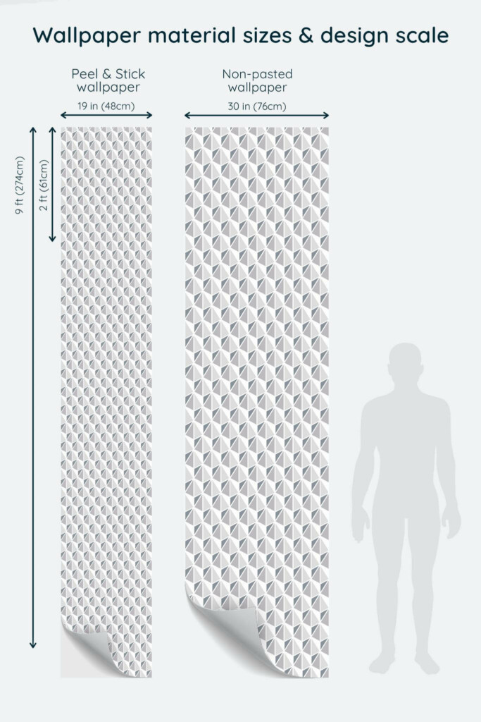 Size comparison of Gray modern geometric Peel & Stick and Non-pasted wallpapers with design scale relative to human figure