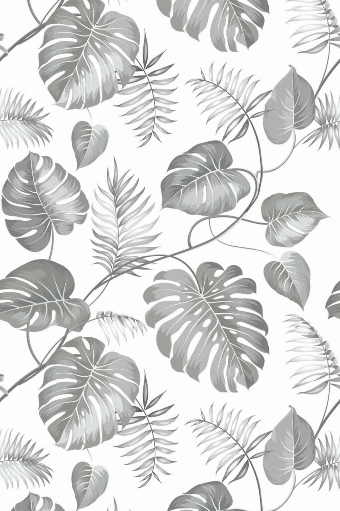 Pattern repeat of Gray monstera leaf removable wallpaper design