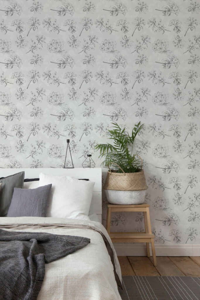 Scandinavian style bedroom decorated with Gray nursery floral peel and stick wallpaper