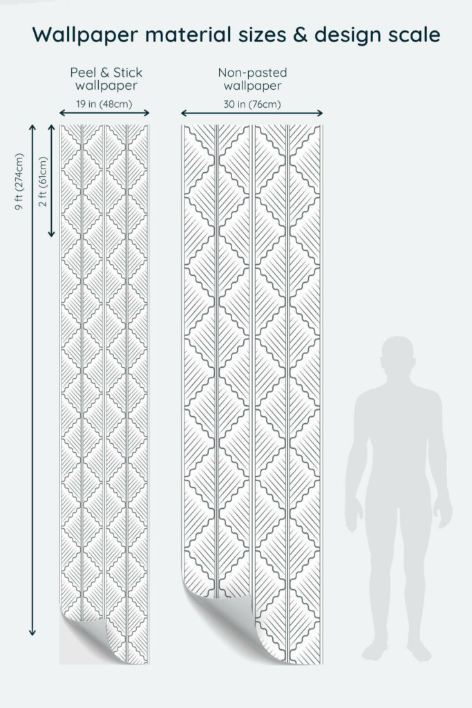 Size comparison of Gray oak leaf Peel & Stick and Non-pasted wallpapers with design scale relative to human figure