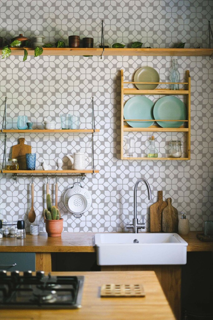 Rustic farmhouse style kitchen decorated with Gray oriental tile peel and stick wallpaper