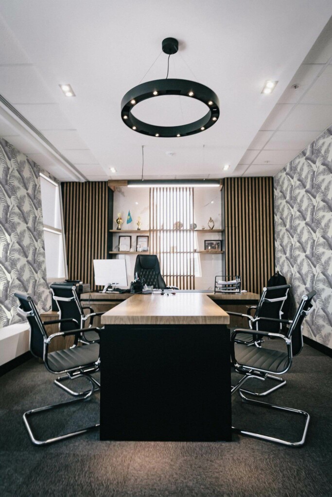 Dark modern style office decorated with Gray palm leaf peel and stick wallpaper