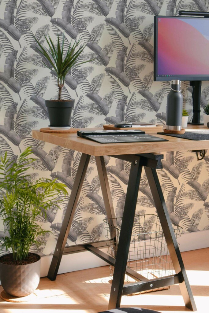 Scandinavian style home office decorated with Gray palm leaf peel and stick wallpaper
