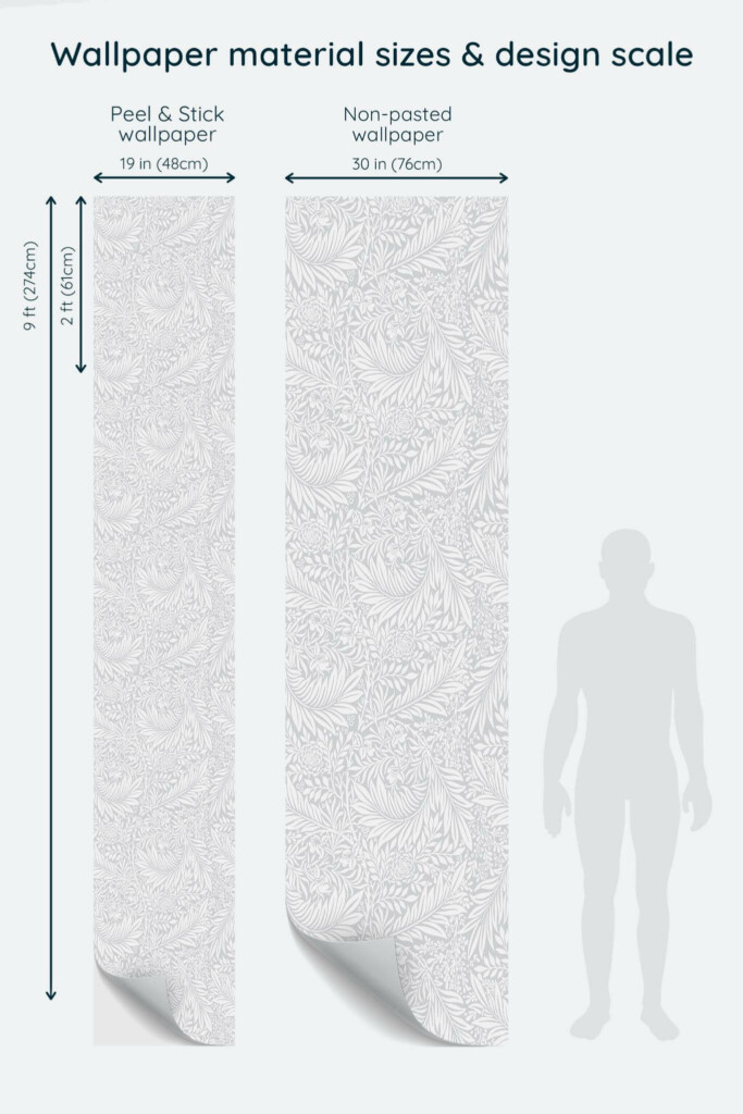 Size comparison of Gray palm leaf Peel & Stick and Non-pasted wallpapers with design scale relative to human figure