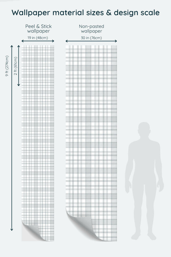 Size comparison of Gray plaid Peel & Stick and Non-pasted wallpapers with design scale relative to human figure