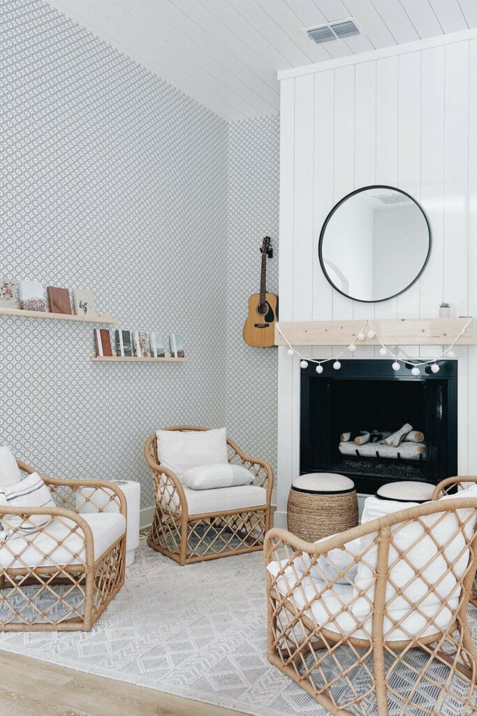 Minimal bohemian style living room decorated with Gray polka dot peel and stick wallpaper