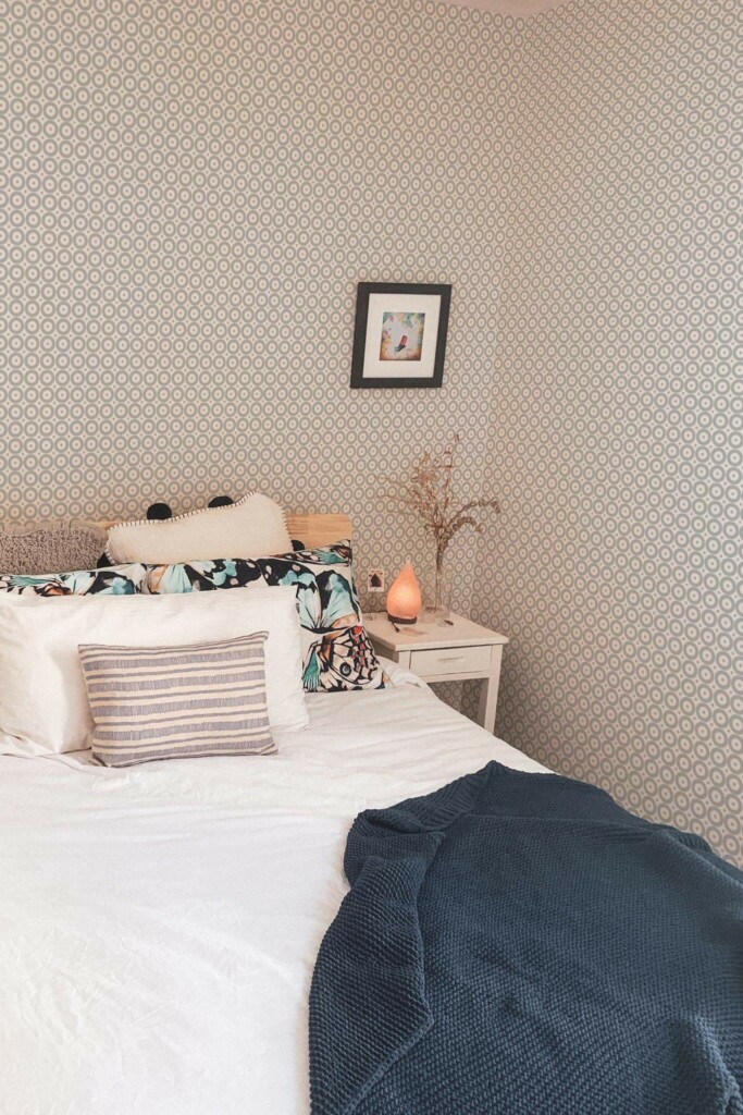 Minimal boho style bedroom decorated with Gray polka dot peel and stick wallpaper