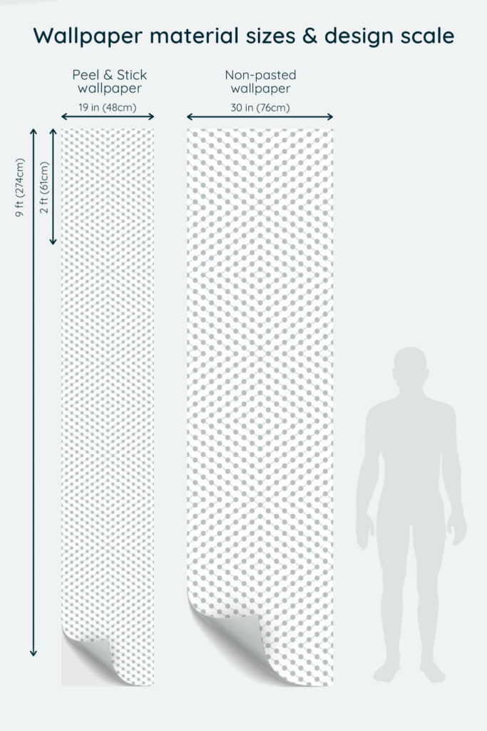 Size comparison of Gray polka dot Peel & Stick and Non-pasted wallpapers with design scale relative to human figure