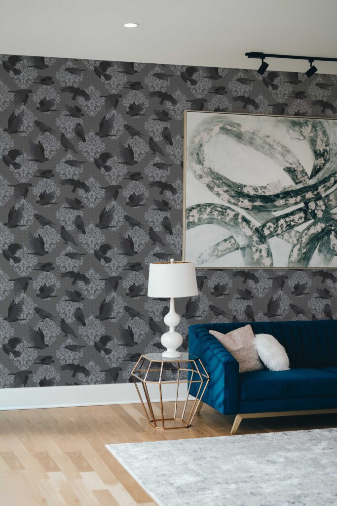 Traditional wallpaper with ravens and damask background by Fancy Walls