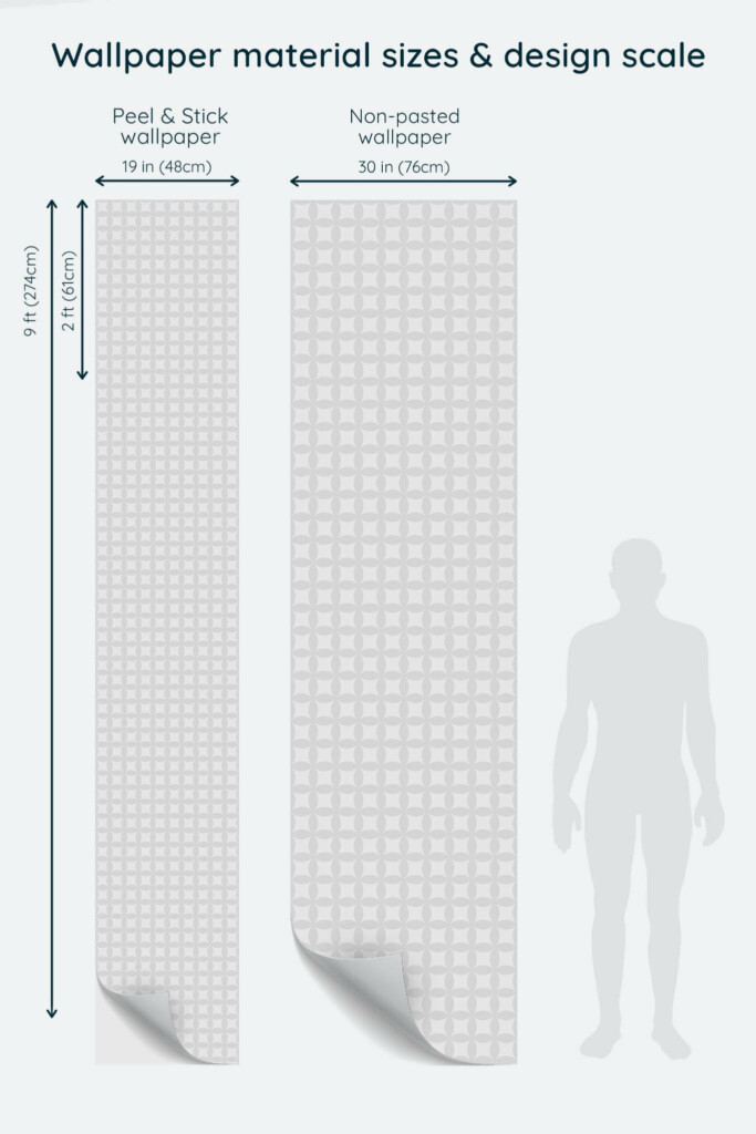 Size comparison of Gray retro geometric Peel & Stick and Non-pasted wallpapers with design scale relative to human figure