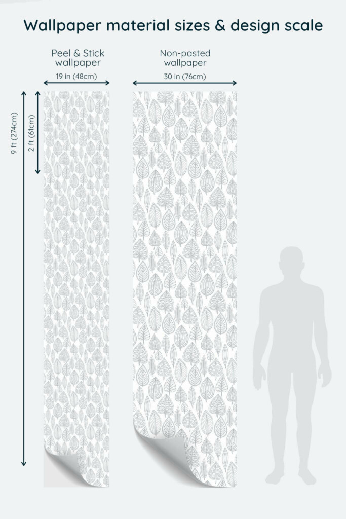 Size comparison of Gray Scandi leaf Peel & Stick and Non-pasted wallpapers with design scale relative to human figure