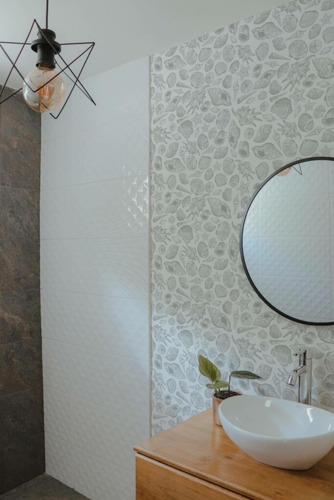 Modern style bathroom decorated with Gray sea shell peel and stick wallpaper