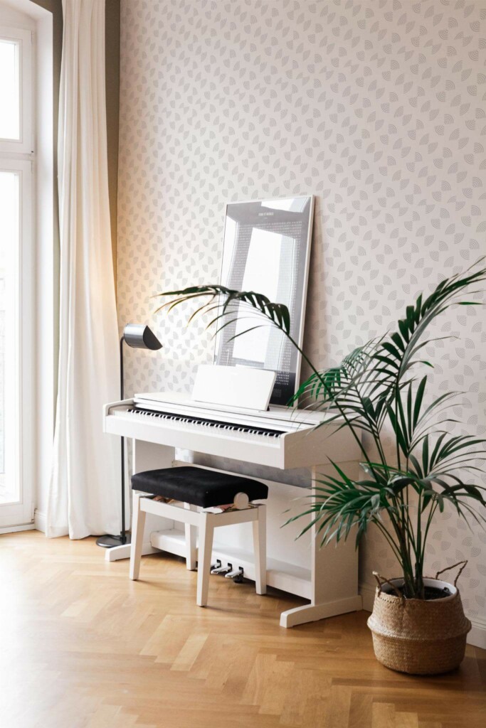 Modern style living room with a piano decorated with Gray semicircle peel and stick wallpaper