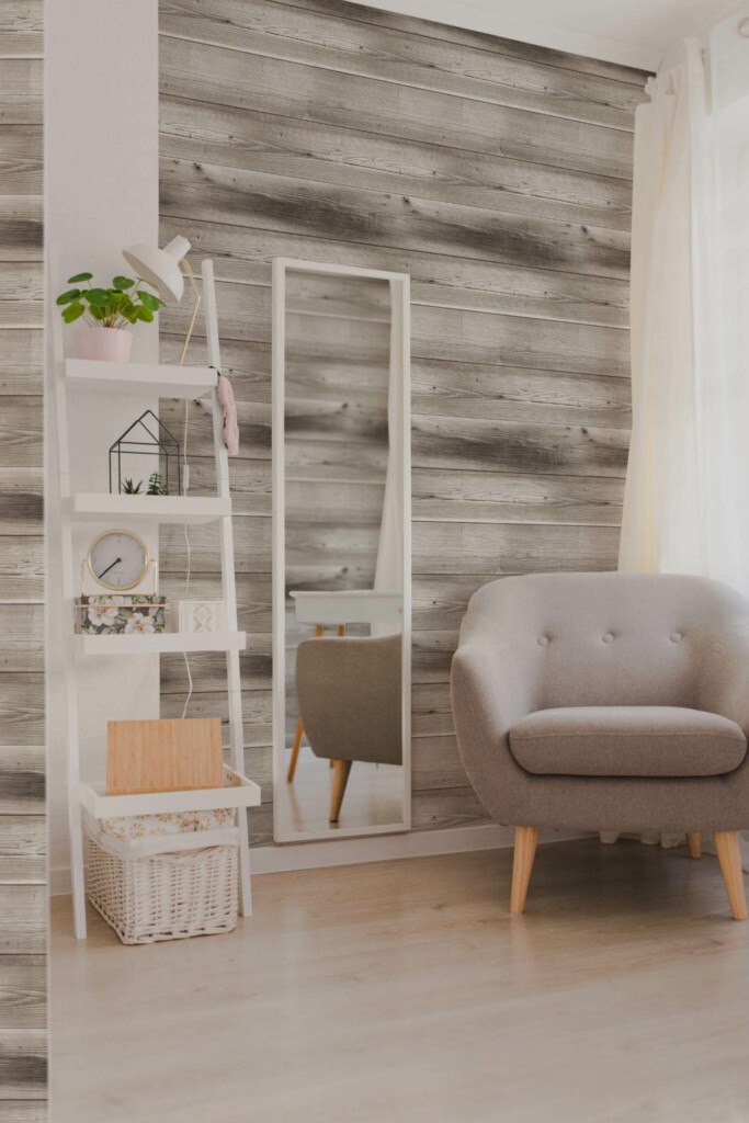 Light boho style living room decorated with Gray shiplap wood peel and stick wallpaper