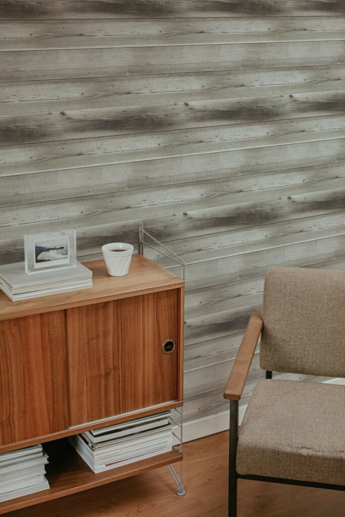 Mid-century style living room decorated with Gray shiplap wood peel and stick wallpaper
