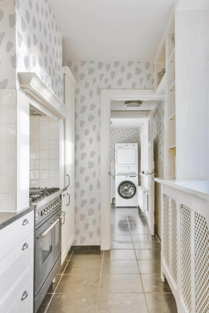 Minimal farmhouse style laundry room decorated with Gray spots peel and stick wallpaper