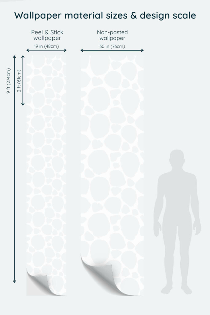 Size comparison of Gray spots Peel & Stick and Non-pasted wallpapers with design scale relative to human figure