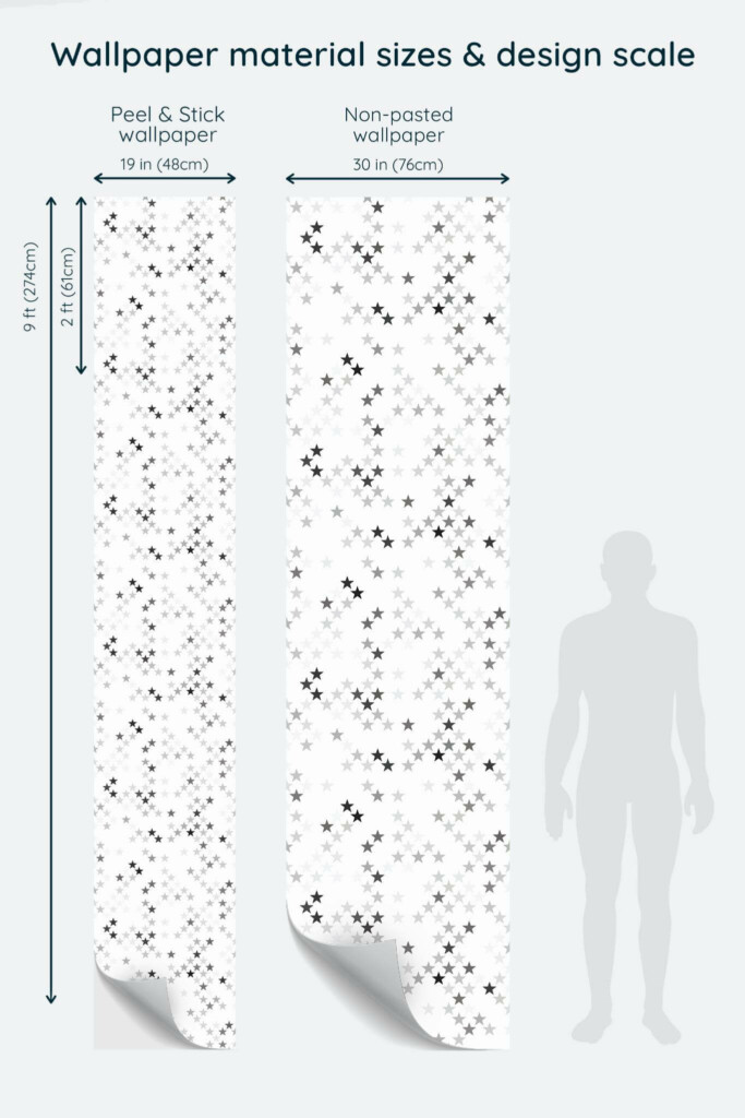 Size comparison of Gray star Peel & Stick and Non-pasted wallpapers with design scale relative to human figure