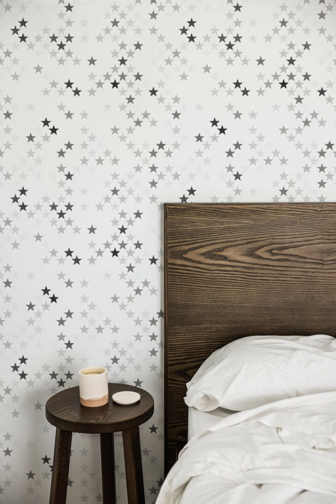 Farmhouse style bedroom decorated with Gray stars peel and stick wallpaper