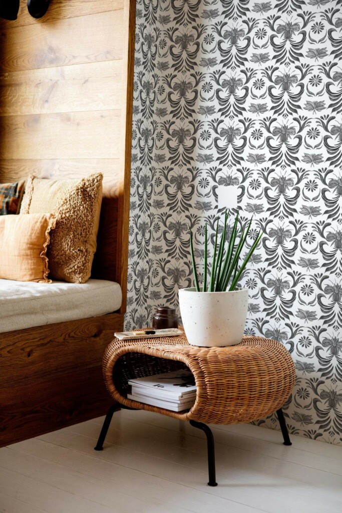 Mid-century modern style bedroom decorated with Gray vintage damask peel and stick wallpaper