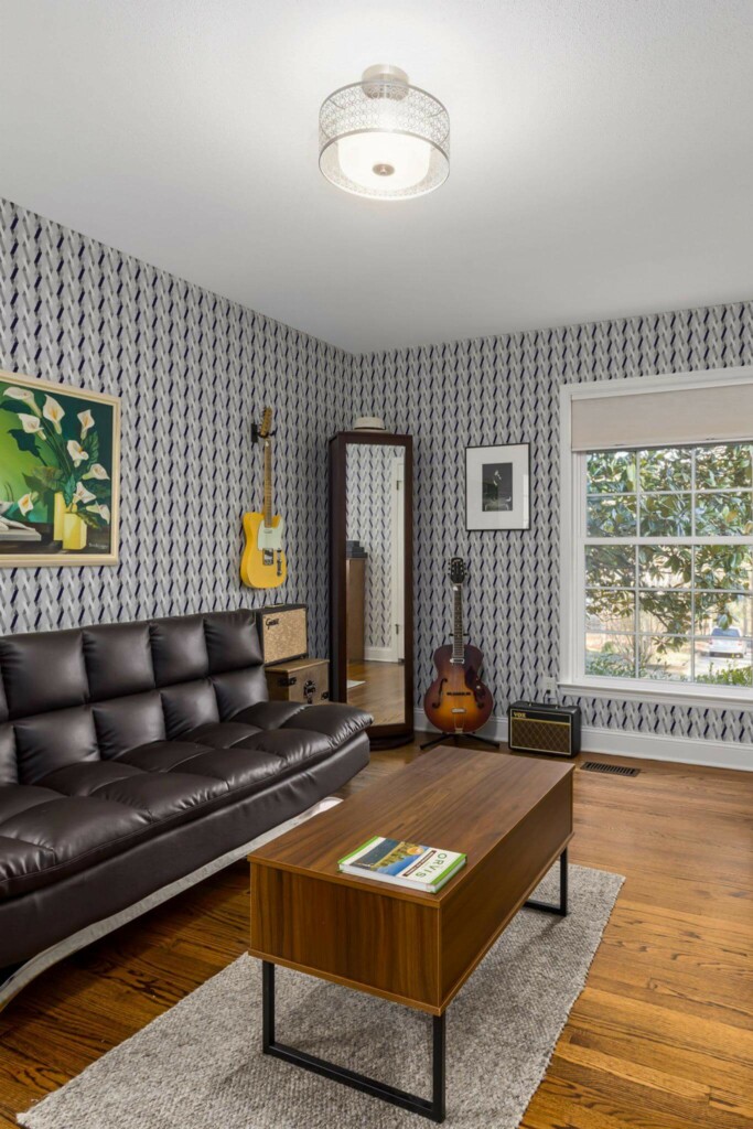 Mid-century style living room decorated with Gray zig zag peel and stick wallpaper and music instruments